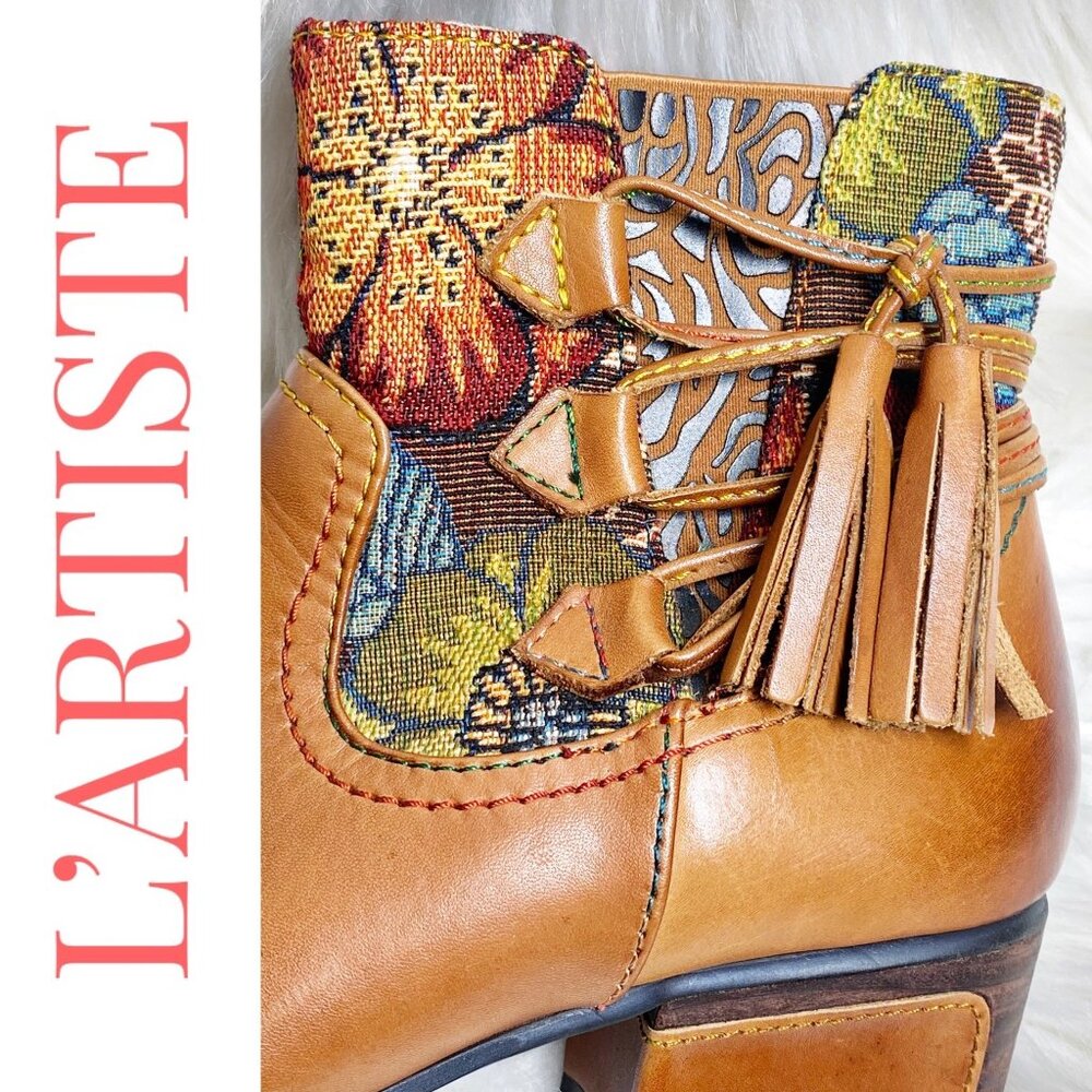 L’ARTISTE‎ LEATHER ANKLE TAPESTRY BOOTIE TASSEL UNIQUE ARTISTIC BOHO, WOMEN’s 40 - Picture 14 of 16